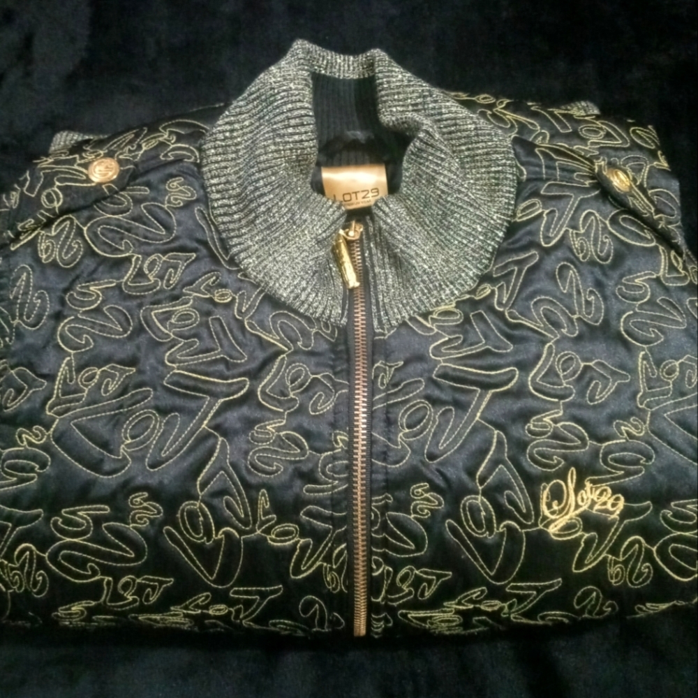 Lot 29 Black and Gold Quilted Embroidered Bomber Style Jacket